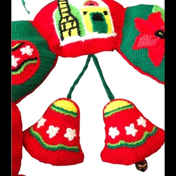 VTG Cross-Stitch Holiday Christmas Stuffed Wreath Red Santa Tree Snowman 1970’s - Picture 2 of 3